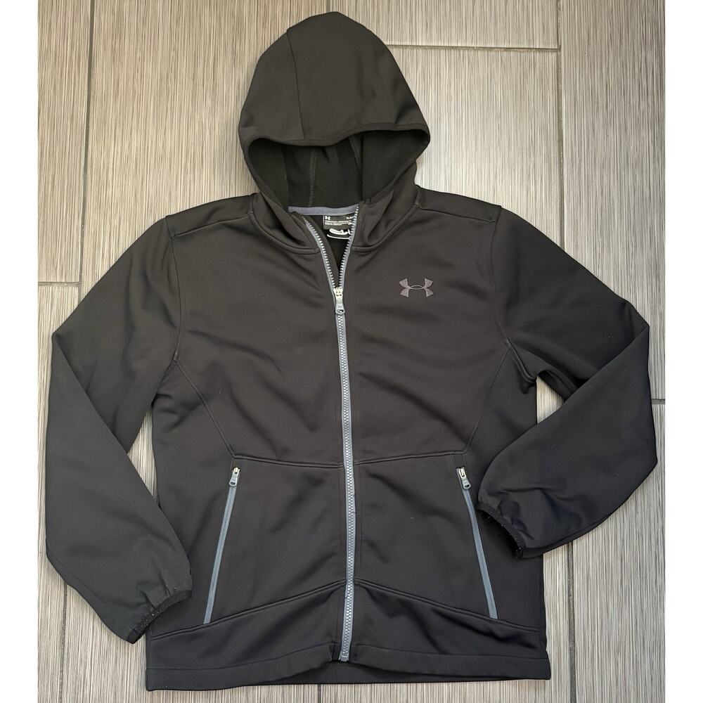 Under Armour Black Zip Up Hooded Jacket Size Youth Large Loose Coldgear Storm